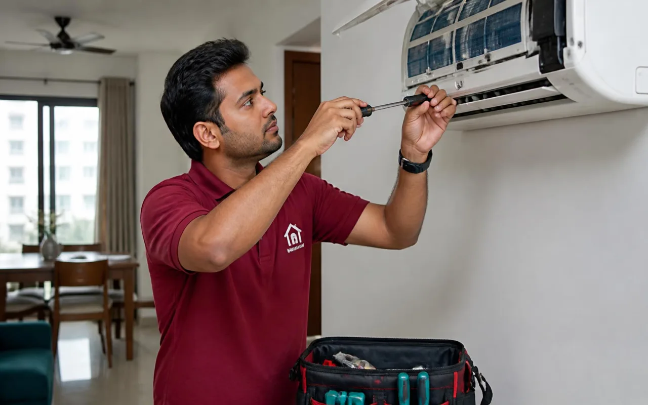 Technician servicing a split AC indoor unit at a home in Kakinada