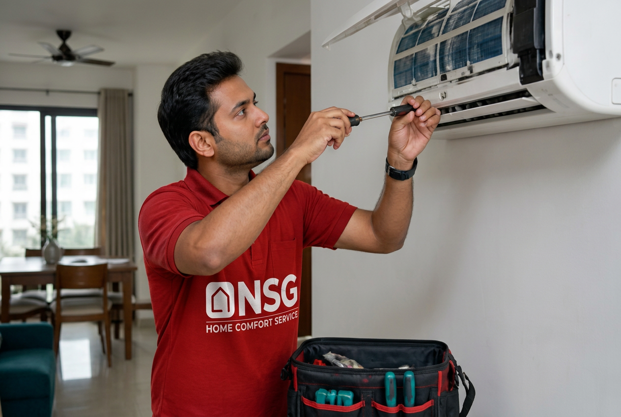 Technician servicing a split AC indoor unit at a home in Kakinada