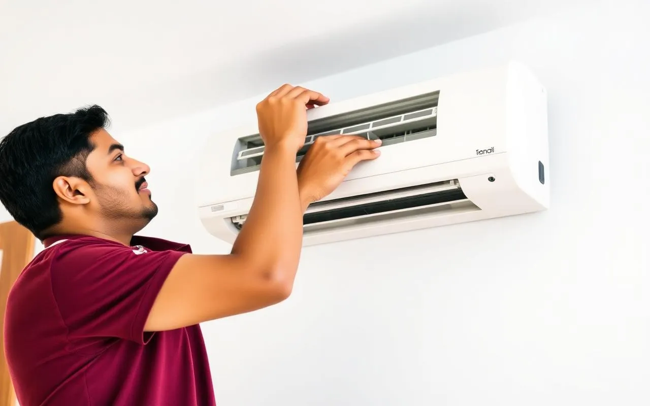NSG technician cleaning a split AC indoor unit filter at a home in Kakinada