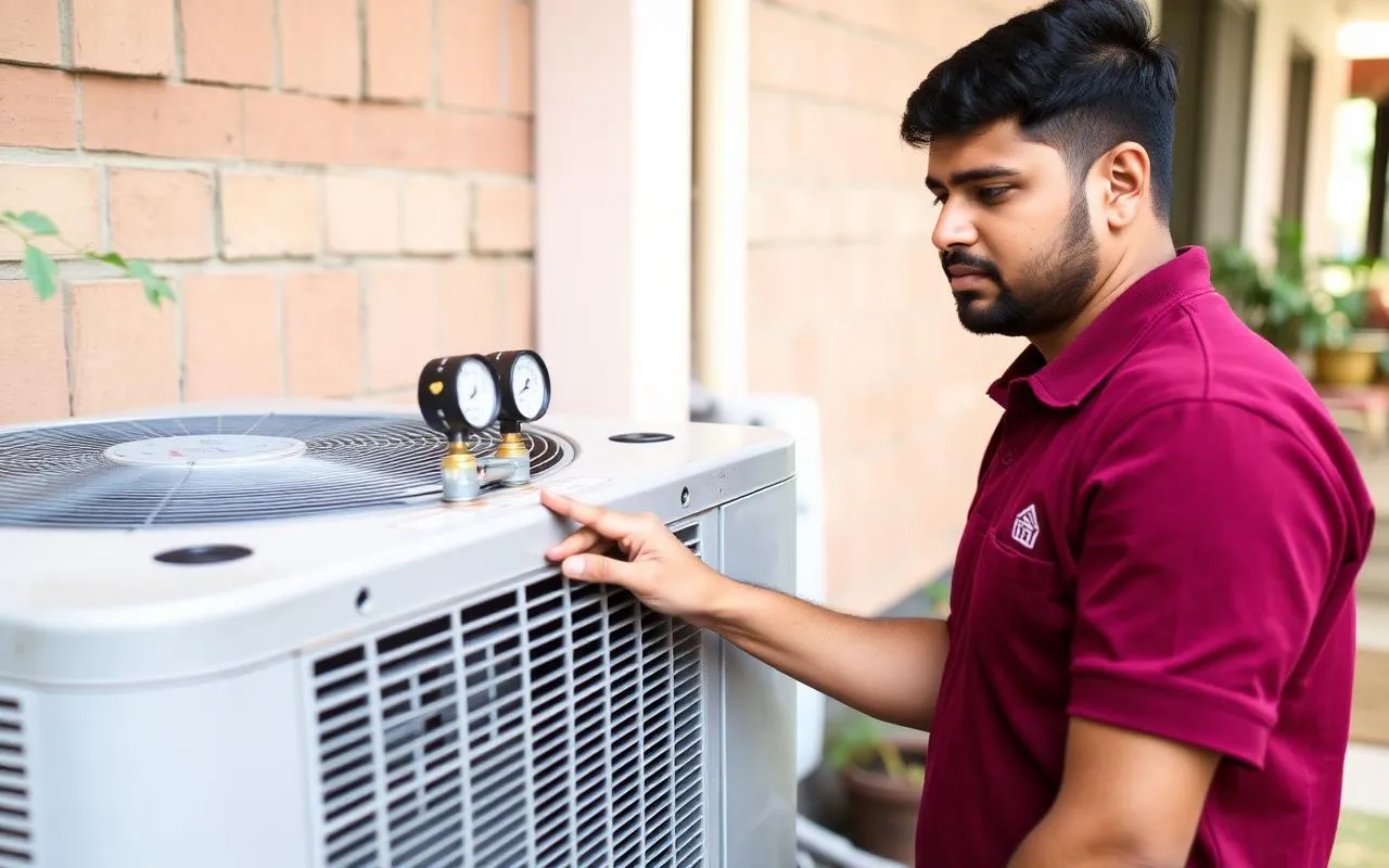 NSG technician checking gas pressure on an outdoor AC condenser unit