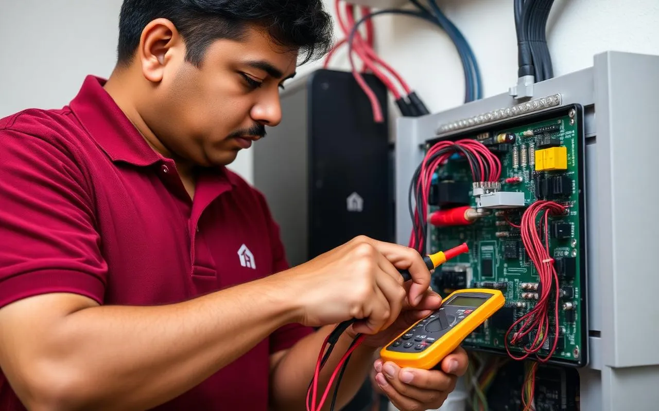 NSG technician testing an AC circuit board with a multimeter