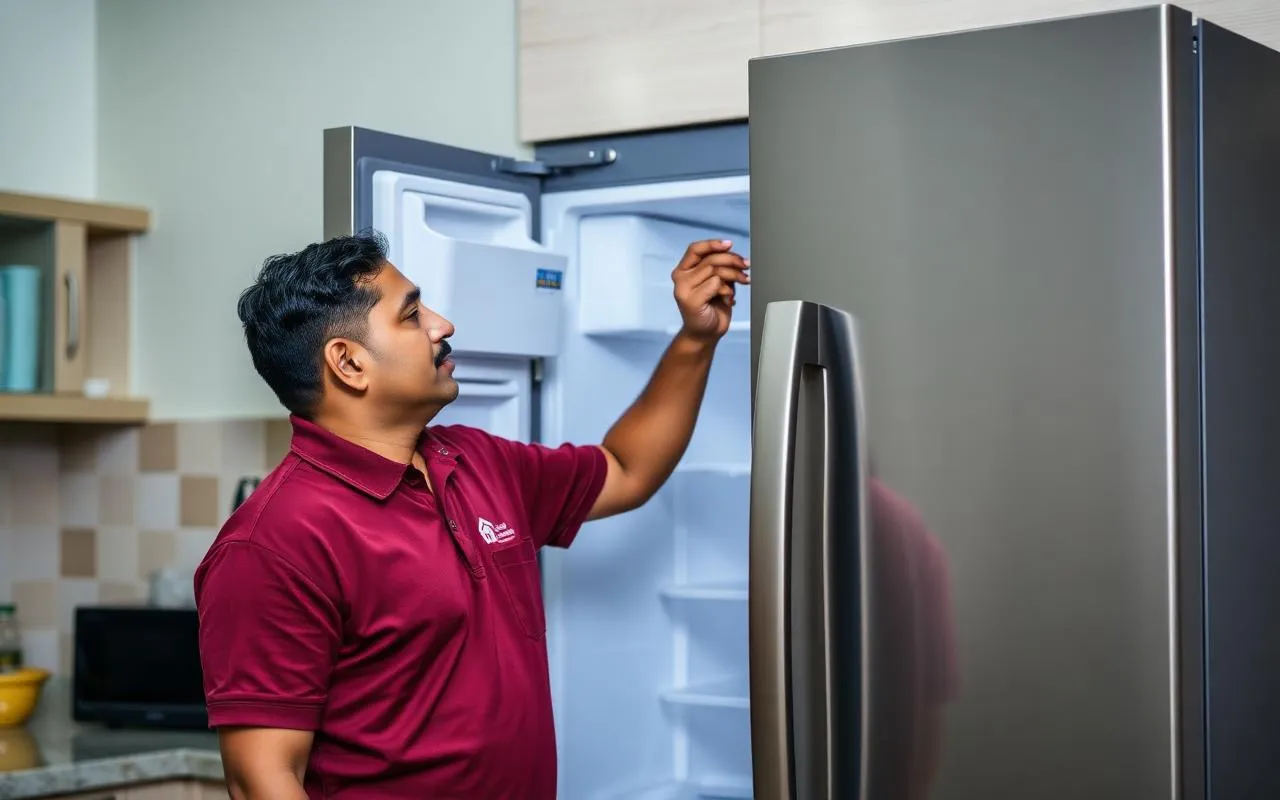 NSG technician inspecting a double door refrigerator cooling compartment