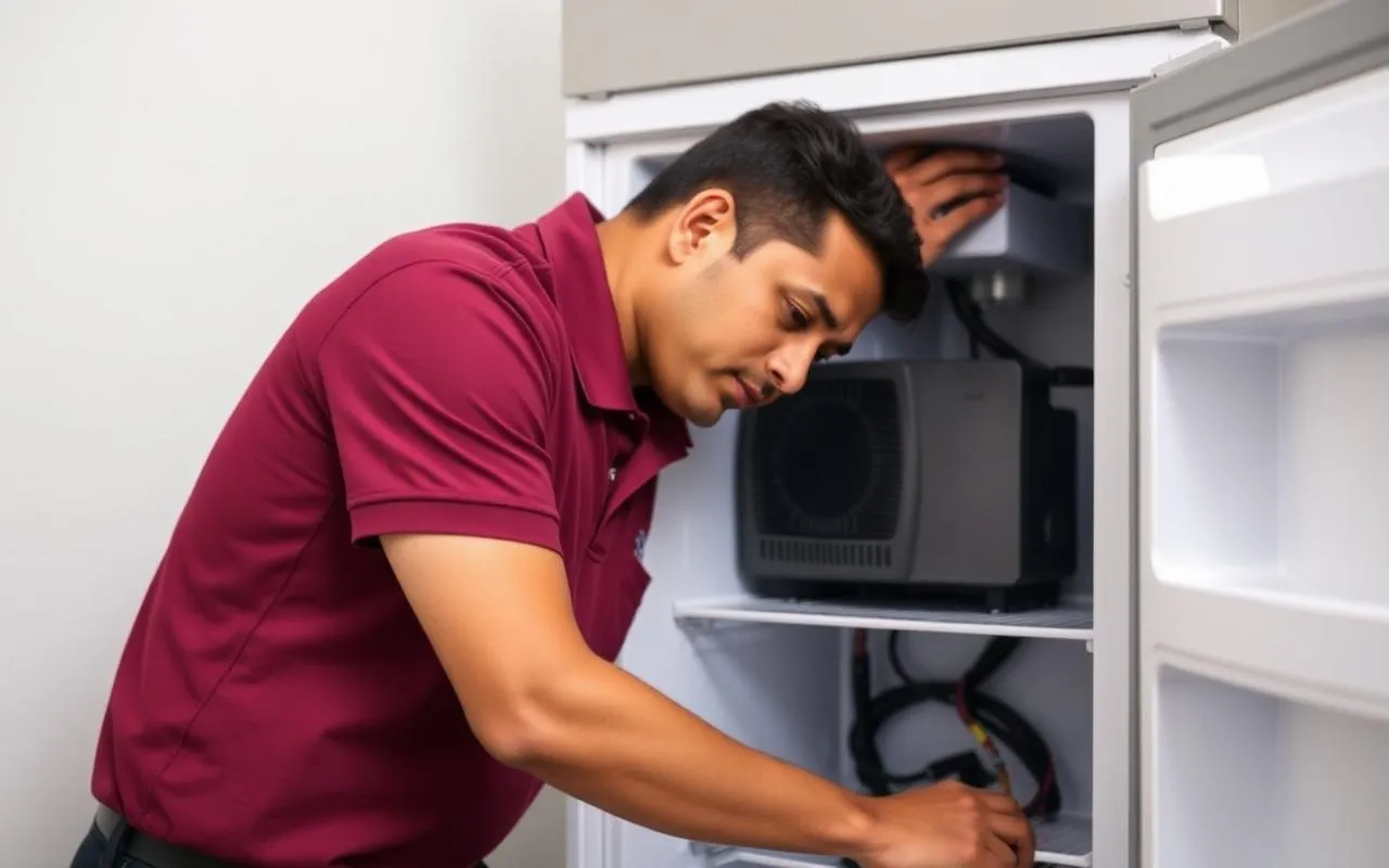 NSG technician working on refrigerator compressor and cooling parts