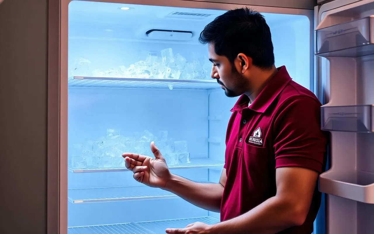NSG technician checking excess ice formation inside a freezer