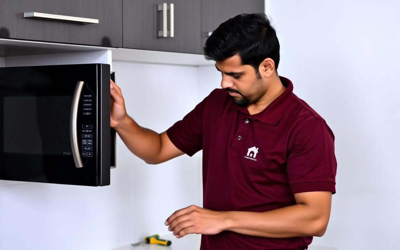NSG technician repairing a microwave oven in a kitchen in Kakinada