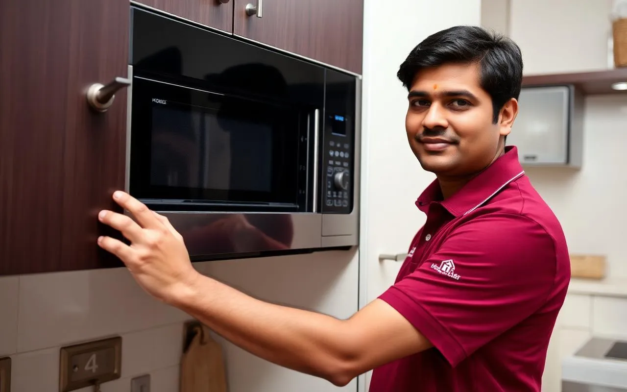 NSG technician testing a microwave oven door latch and control panel