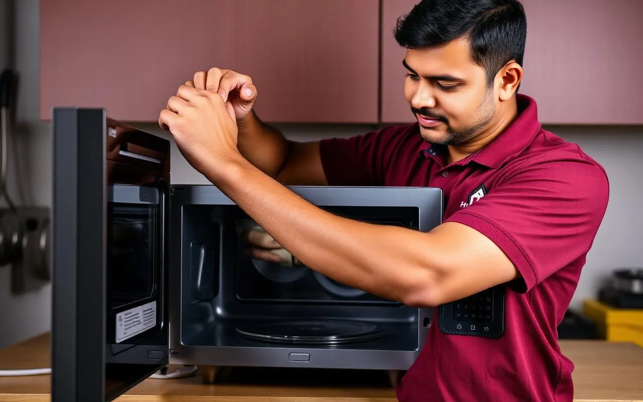 NSG technician inspecting internal microwave oven components