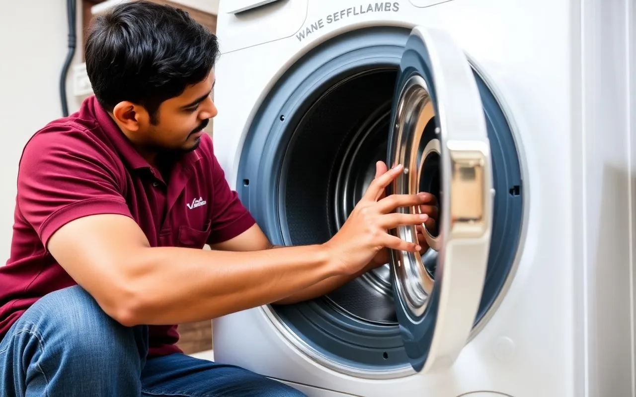 NSG technician repairing a front load washing machine drum and pump