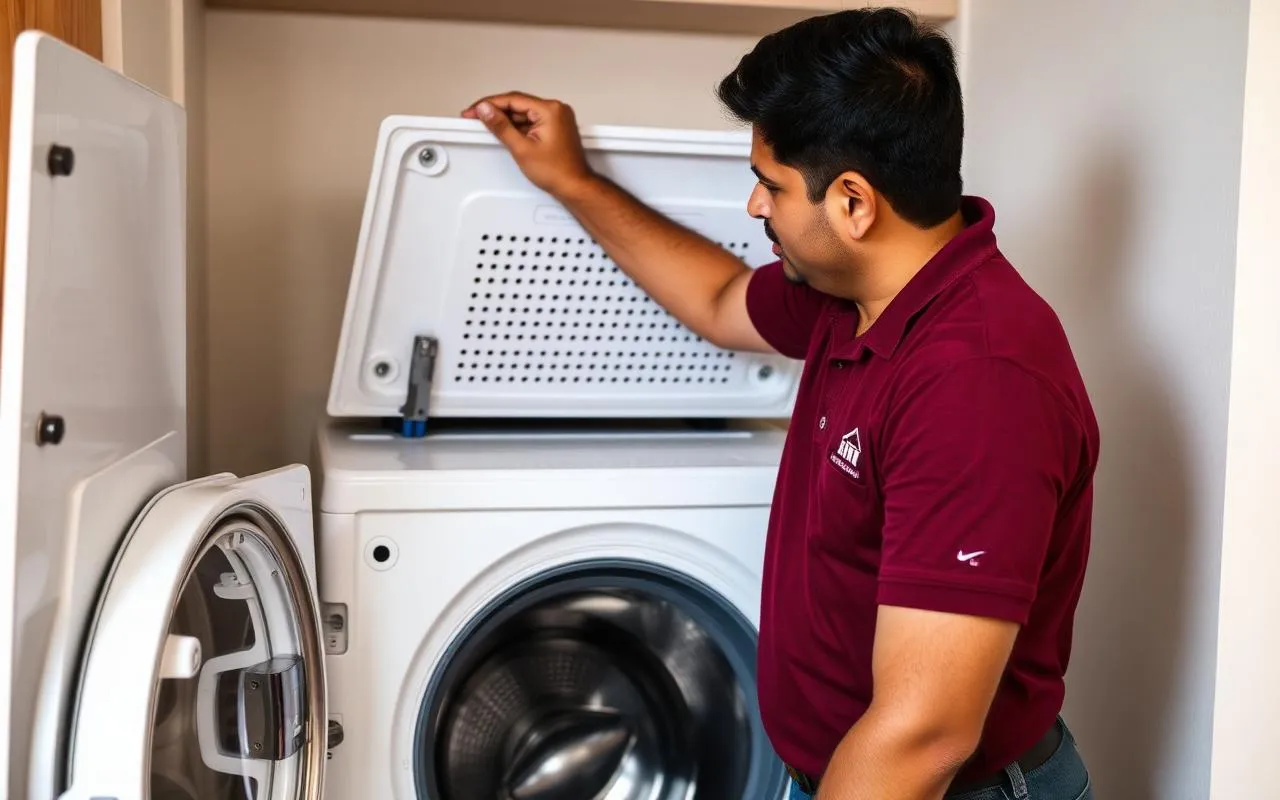NSG technician opening a washing machine panel to inspect parts