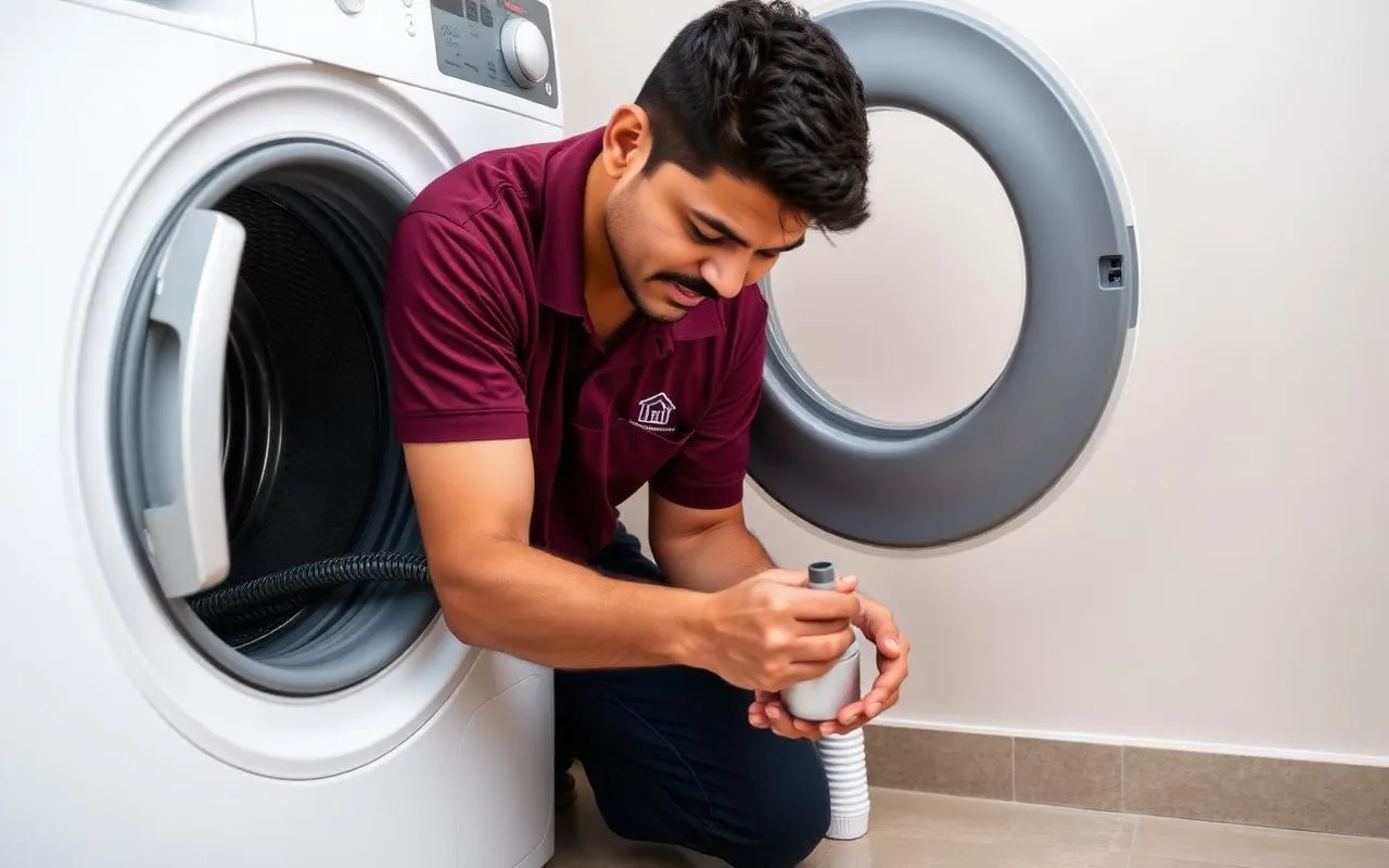 NSG technician checking a washing machine drain hose for water leakage