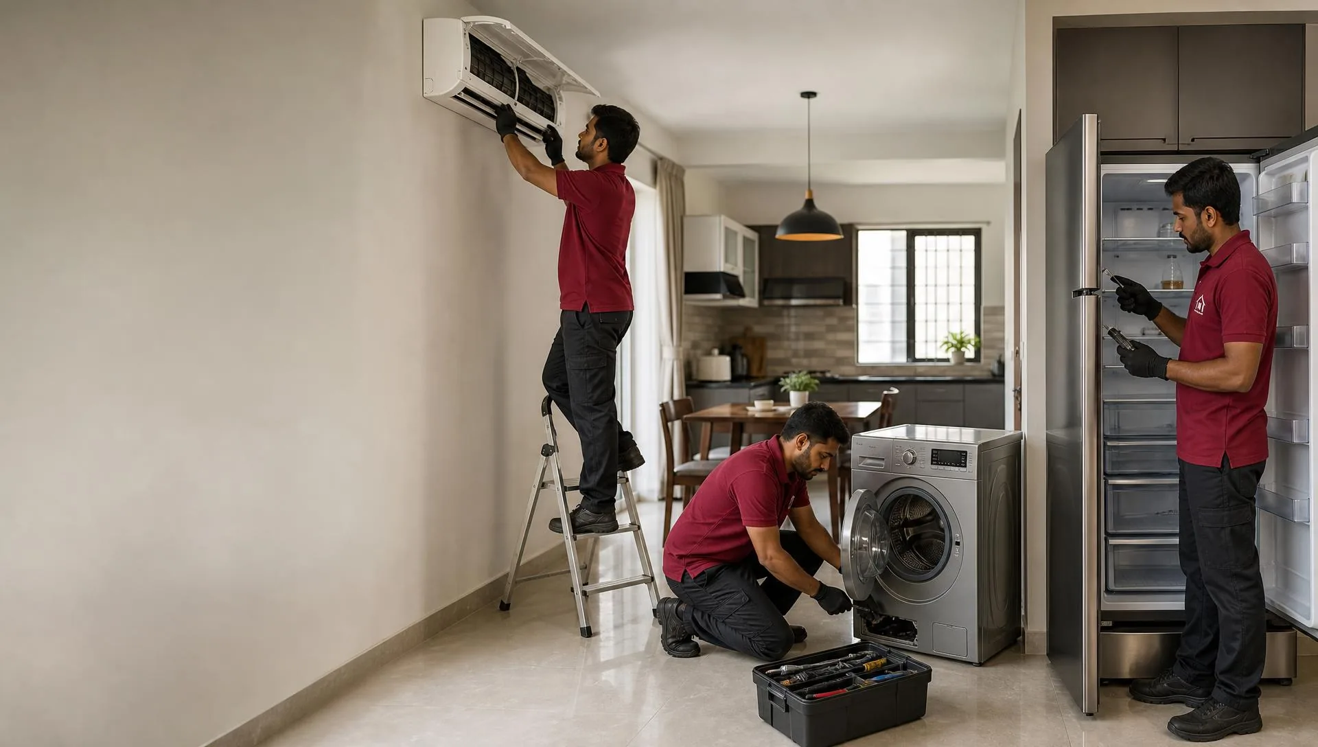 NSG technicians repairing an air conditioner, washing machine and refrigerator in Kakinada