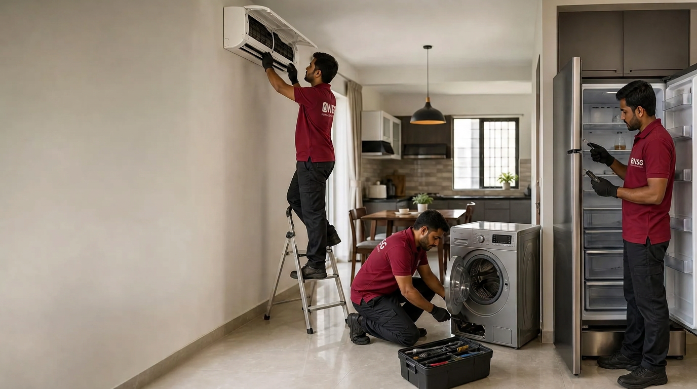 NSG technicians repairing an air conditioner, washing machine and refrigerator in Kakinada