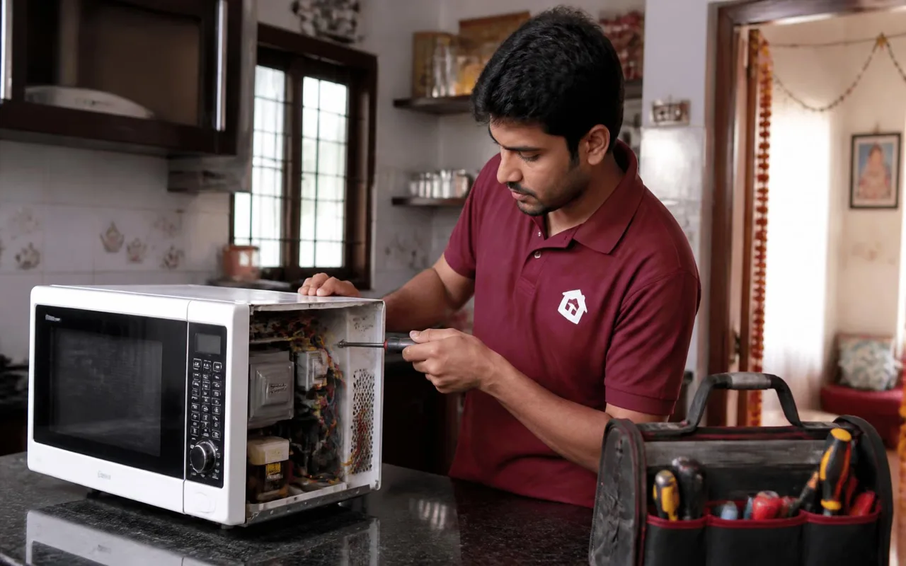 Technician servicing a microwave oven in a kitchen in Kakinada