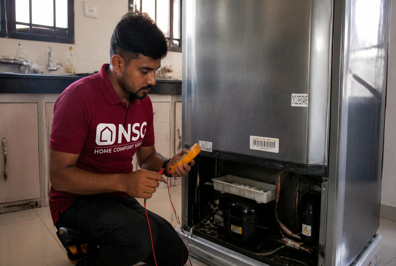 Technician inspecting a refrigerator cooling system at a home in Kakinada