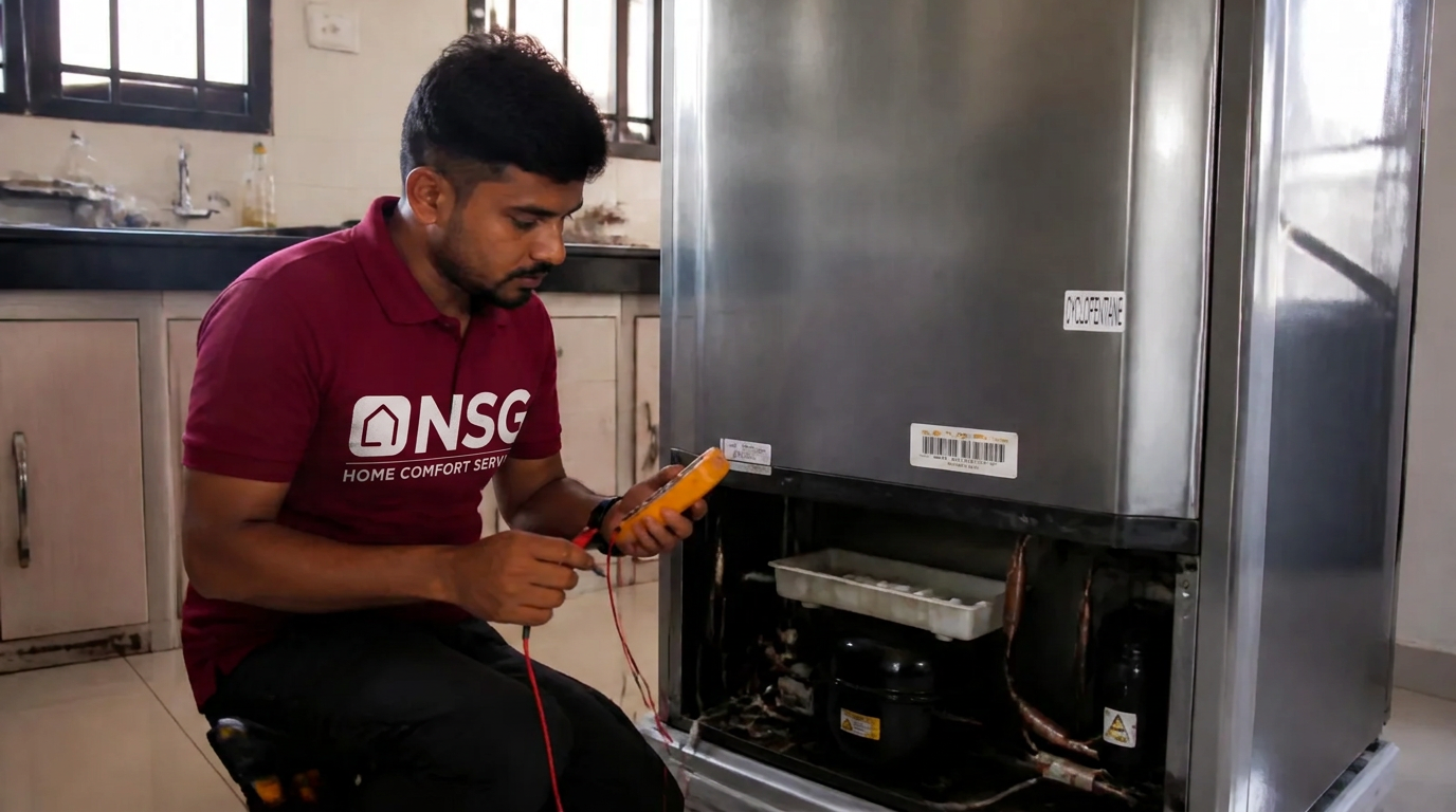 NSG technician in a branded red t-shirt checking a refrigerator cooling system in Kakinada