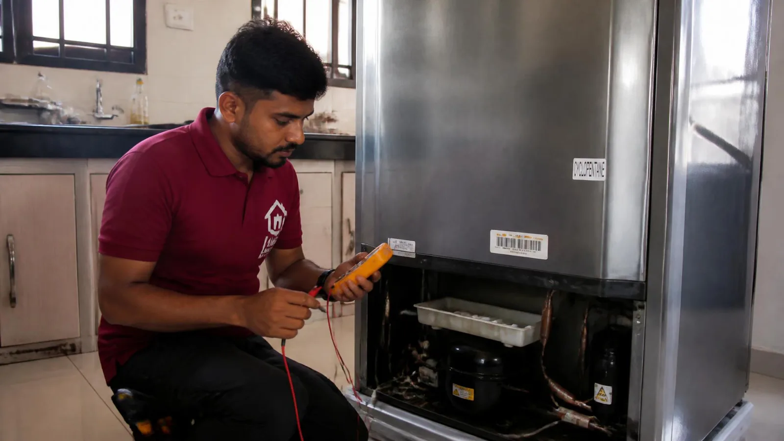 NSG technician in a branded red t-shirt checking a refrigerator cooling system in Kakinada
