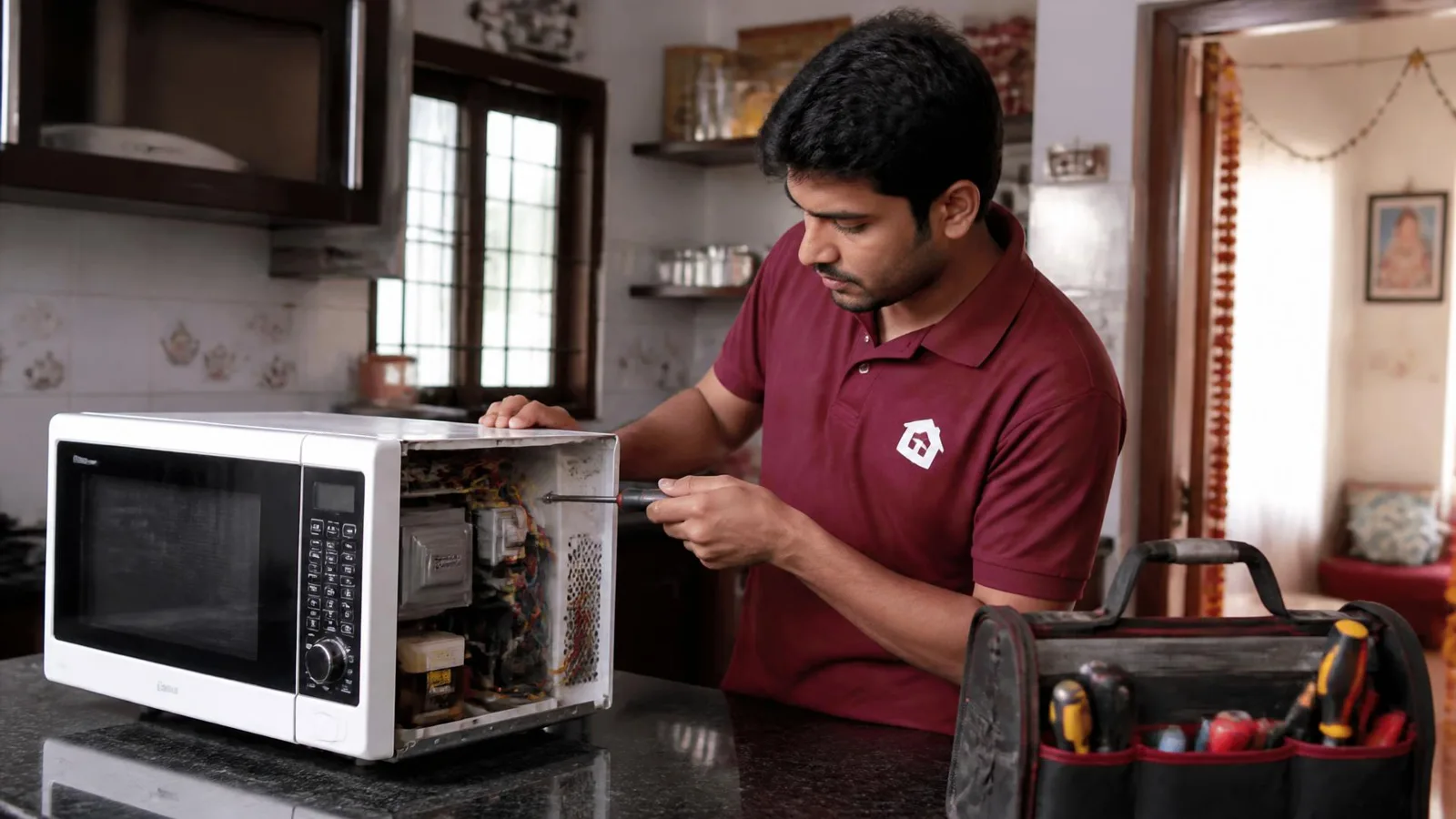 NSG technician in a branded red t-shirt servicing a microwave oven in a Kakinada kitchen