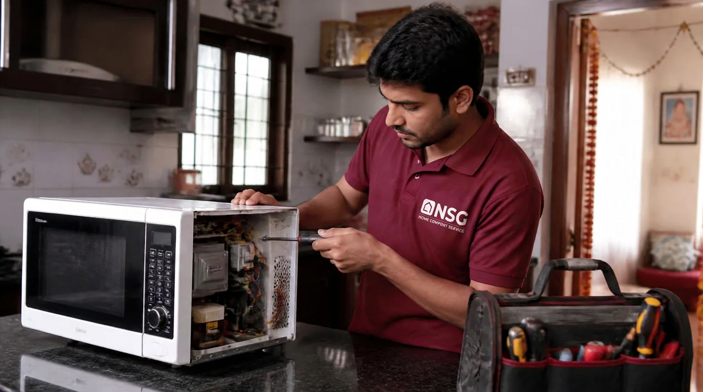 NSG technician in a branded red t-shirt servicing a microwave oven in a Kakinada kitchen