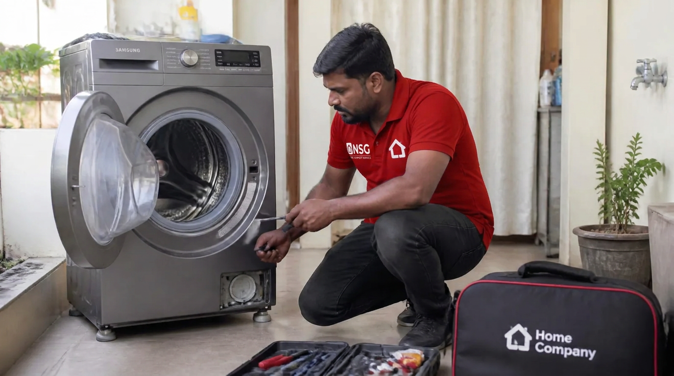 NSG technician in a branded red t-shirt repairing a front-load washing machine in Kakinada