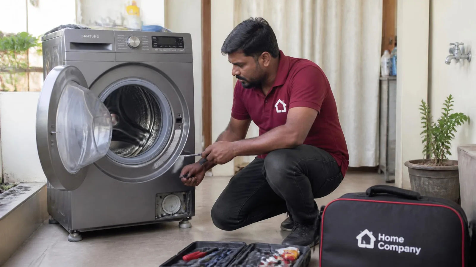 NSG technician in a branded red t-shirt repairing a front-load washing machine in Kakinada
