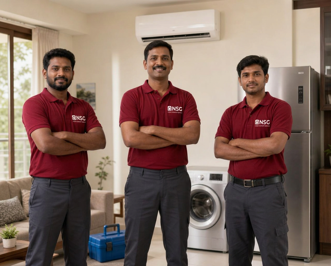Three NSG Home Comfort Service technicians in branded red t-shirts standing beside an AC, washing machine and refrigerator in a Kakinada home